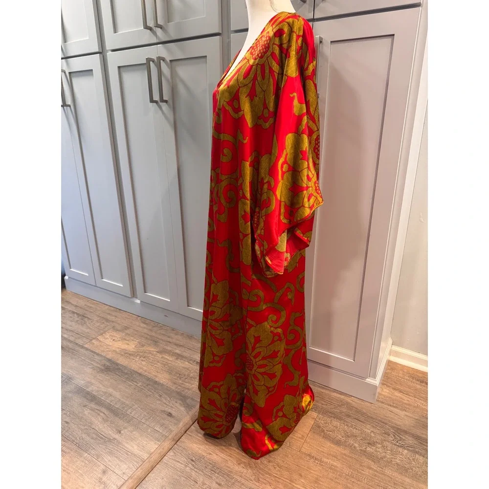 Natori Private Luxuries Red Gold Floral Damask Caftan Kimono Gown XL Lounger - Picture 6 of 6